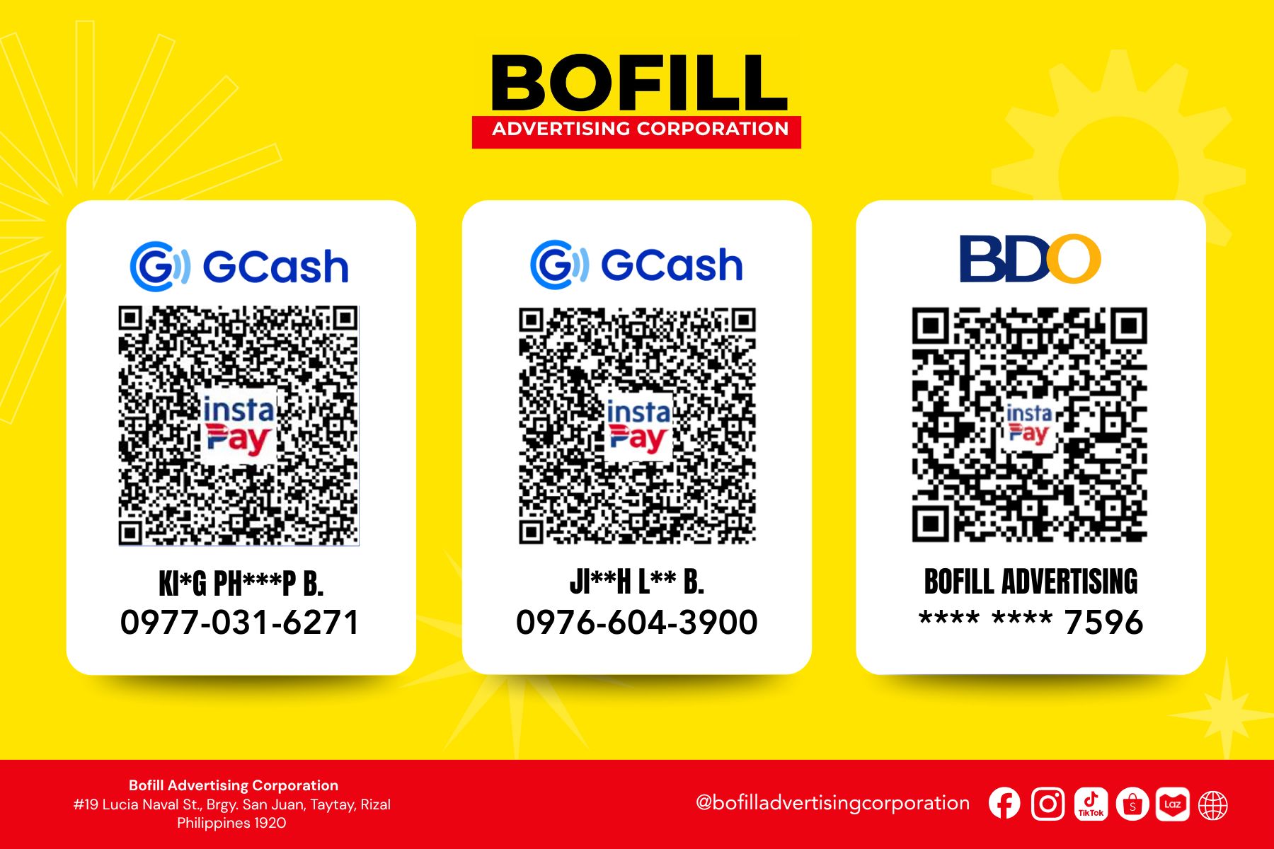 Bofill GCash and BDO payment QR codes